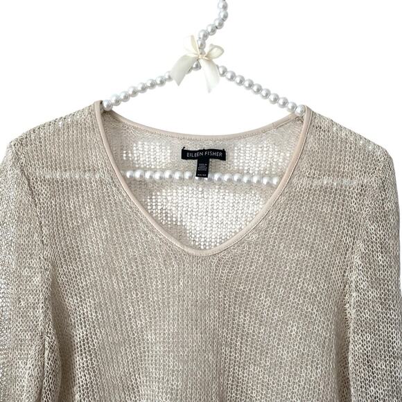 Eileen Fisher Linen Beige Tan V-Neck Knit Long Sleeve Sweater size XS - Picture 3 of 7